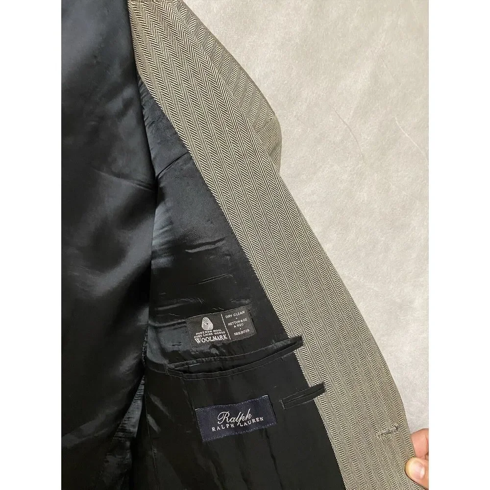 Ralph Lauren Blazer Men 44R Gray Beige 2B Flannel Wool Career Coat Jacket Luxury
